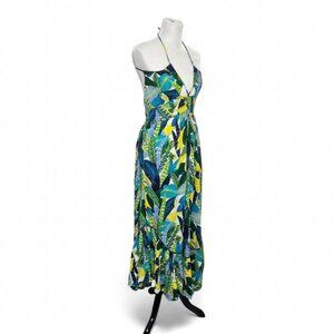 Aerie Tropical Leaf Halter Maxi Dress Blue Green Tassel Womens Medium New